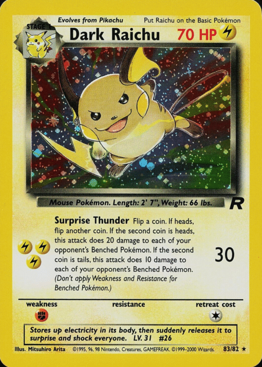2000 Pokémon Team Rocket Unlimited Dark Raichu Holo SECRET RARE 83/82 LP